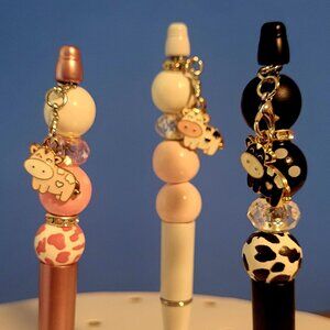 Hand Crafted Beaded Adorable Cow Charm Pen Main Color White Great Gift Collect